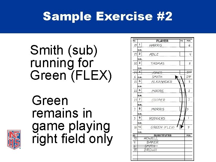 Sample Exercise #2 Smith (sub) running for Green (FLEX) Green remains in game playing
