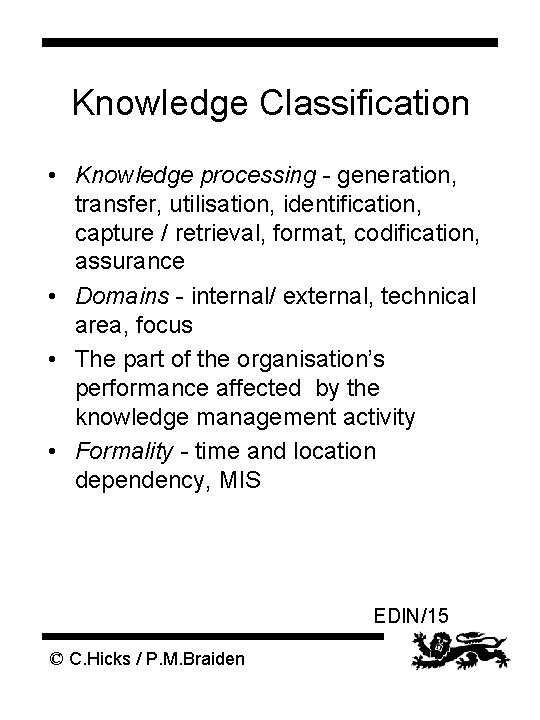 Knowledge Classification • Knowledge processing - generation, transfer, utilisation, identification, capture / retrieval, format,