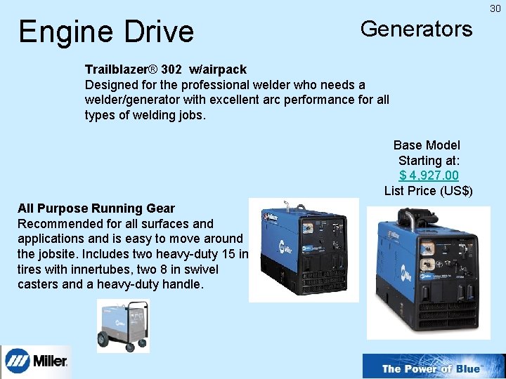 30 Engine Drive Generators Trailblazer® 302 w/airpack Designed for the professional welder who needs