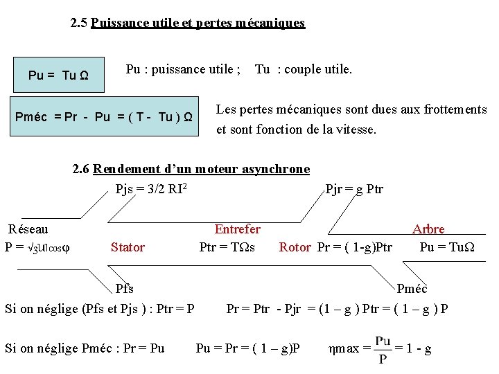 2. 5 Puissance utile et pertes mécaniques Pu = Tu Ω Pu : puissance