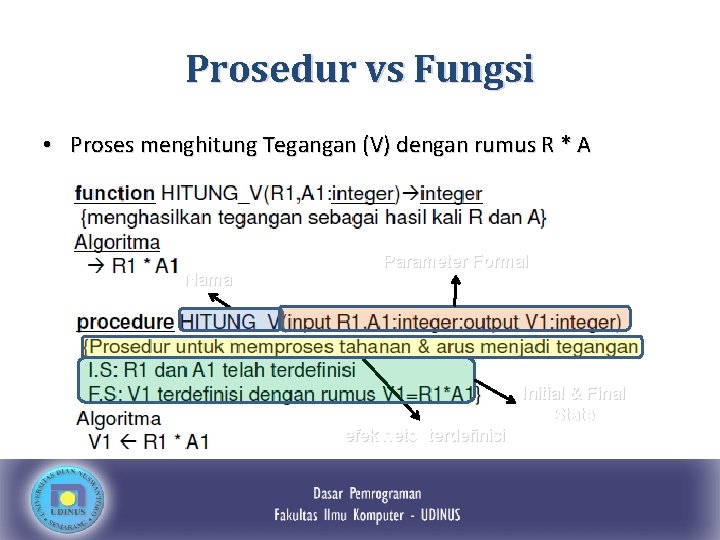 Prosedur vs Fungsi • Proses menghitung Tegangan (V) dengan rumus R * A Nama