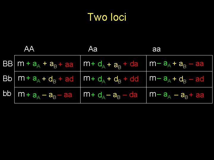 Two loci AA Aa aa BB m + a. A + a. B +