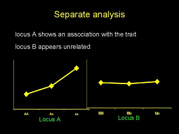 Separate analysis locus A shows an association with the trait locus B appears unrelated