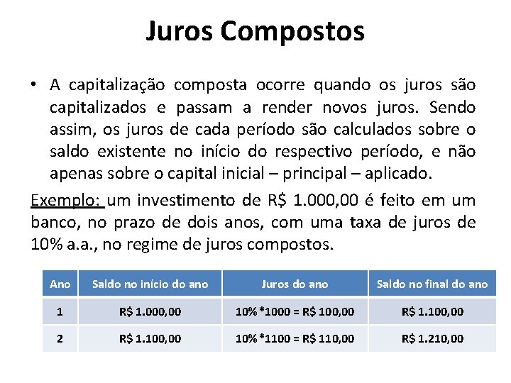 Juros Compostos • A capitalização composta ocorre quando os juros são capitalizados e passam