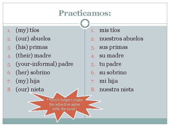 Practicamos: 1. (my) tíos 1. mis tíos 2. (our) abuelos 2. nuestros abuelos 3.