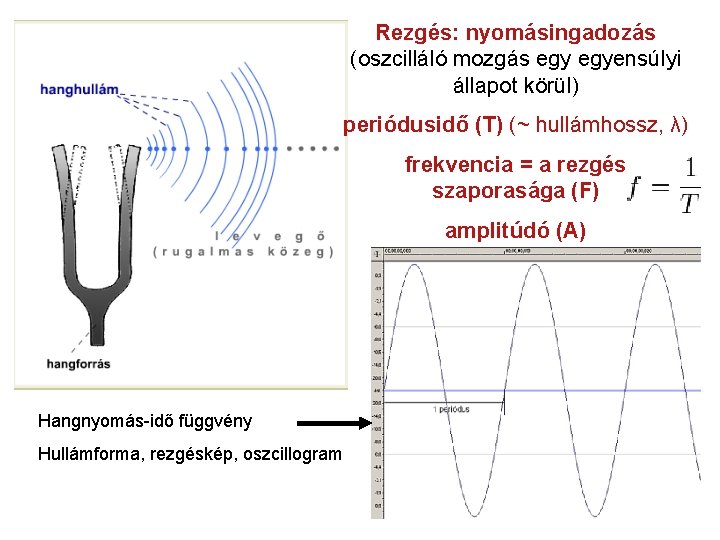 Rezgés: nyomásingadozás (oszcilláló mozgás egyensúlyi állapot körül) periódusidő (T) (~ hullámhossz, λ) frekvencia =