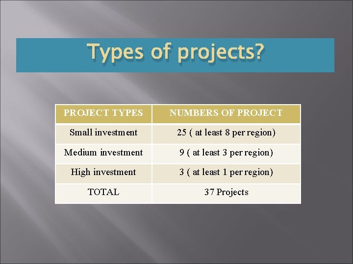 Types of projects? PROJECT TYPES NUMBERS OF PROJECT Small investment 25 ( at least