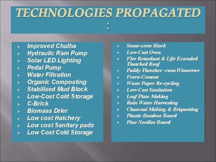 TECHNOLOGIES PROPAGATED : Ø Ø Ø Ø Improved Chulha Hydraulic Ram Pump Solar LED