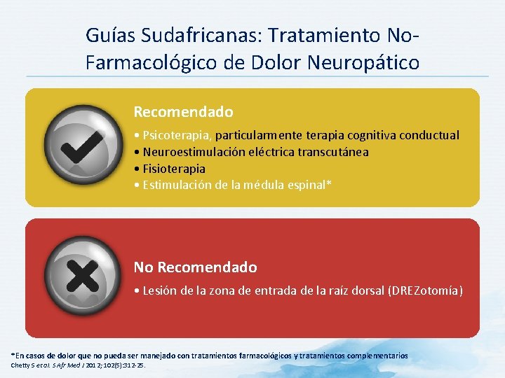 Guías Sudafricanas: Tratamiento No. Farmacológico de Dolor Neuropático Recomendado • Psicoterapia, particularmente terapia cognitiva