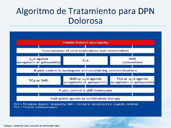 Algoritmo de Tratamiento para DPN Dolorosa Tesfaye S. DIABETES CARE, VOLUME 36, SEPTEMBER 2013