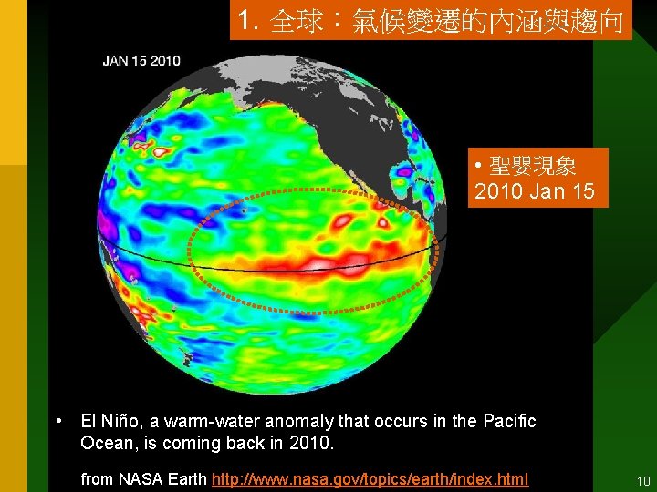 1. 全球：氣候變遷的內涵與趨向 • 聖嬰現象 2010 Jan 15 • El Niño, a warm-water anomaly that