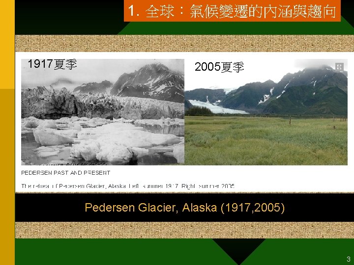 1. 全球：氣候變遷的內涵與趨向 1917夏季 2005夏季 Pedersen Glacier, Alaska (1917, 2005) 3 