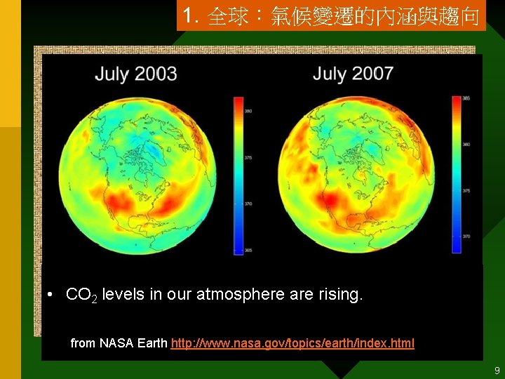 1. 全球：氣候變遷的內涵與趨向 • CO 2 levels in our atmosphere are rising. from NASA Earth