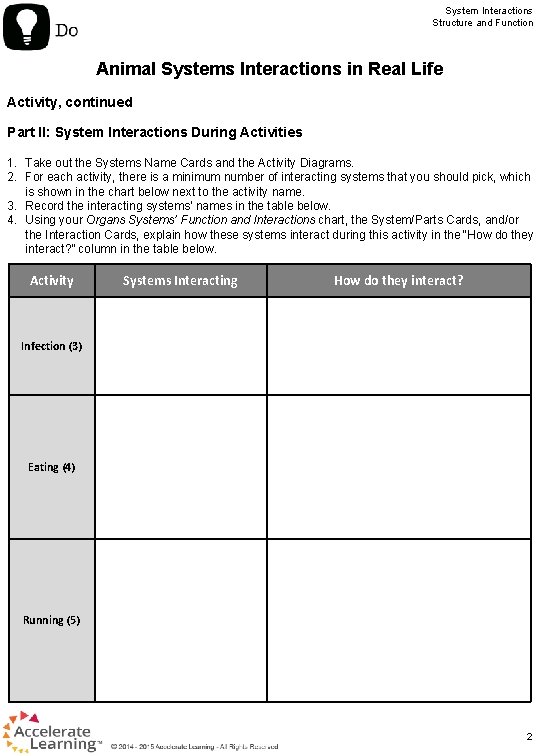 System Interactions Structure and Function Animal Systems Interactions in Real Life Activity, continued Part