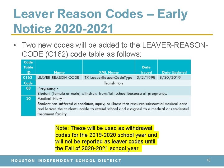 Leaver Reason Codes – Early Notice 2020 -2021 • Two new codes will be