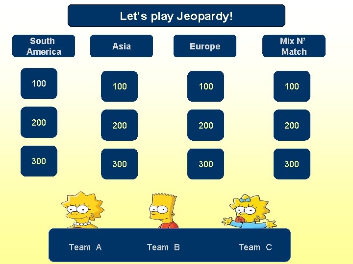 Let’s play Jeopardy! South America Asia Europe Mix N’ Match 100 100 200 200