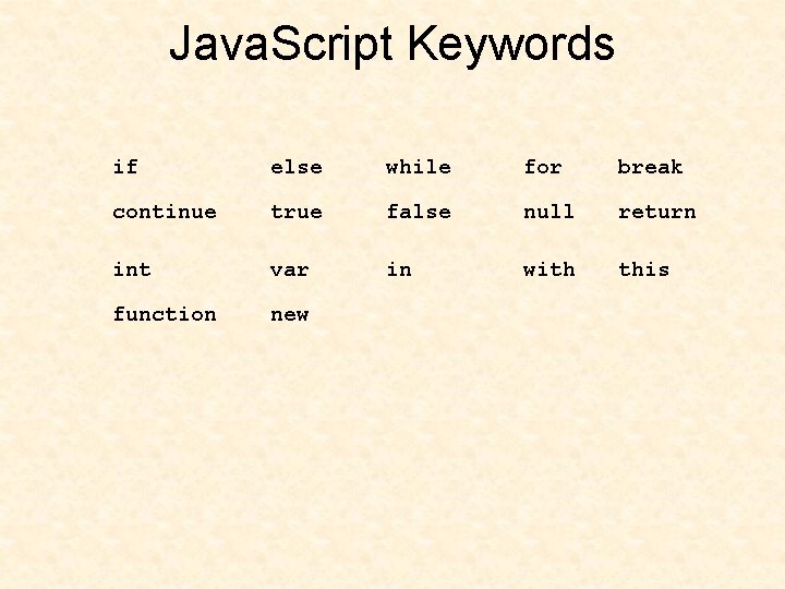 Java. Script Keywords if else while for break continue true false null return int