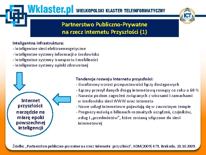 Partnerstwo Publiczno-Prywatne na rzecz Internetu Przyszłości (1) Inteligentna infrastruktura: - Inteligentne sieci elektroenergetyczne -