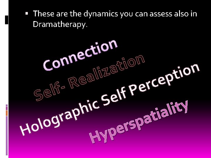  These are the dynamics you can assess also in Dramatherapy. n o i