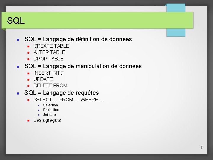 SQL = Langage de définition de données SQL = Langage de manipulation de données