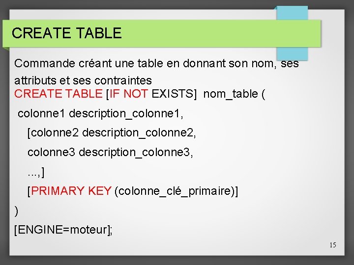 CREATE TABLE Commande créant une table en donnant son nom, ses attributs et ses