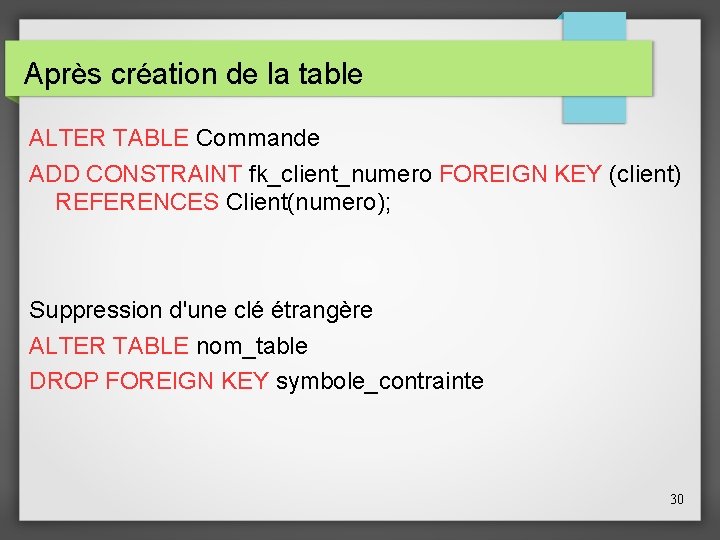 Après création de la table ALTER TABLE Commande ADD CONSTRAINT fk_client_numero FOREIGN KEY (client)