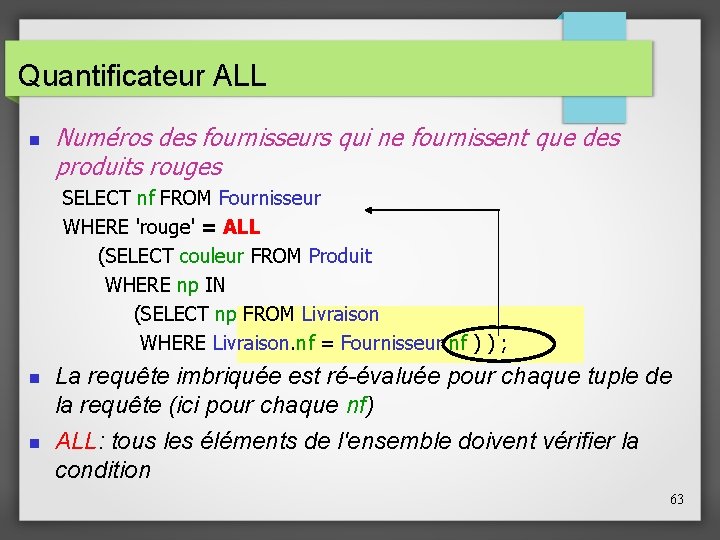 Quantificateur ALL Numéros des fournisseurs qui ne fournissent que des produits rouges SELECT nf