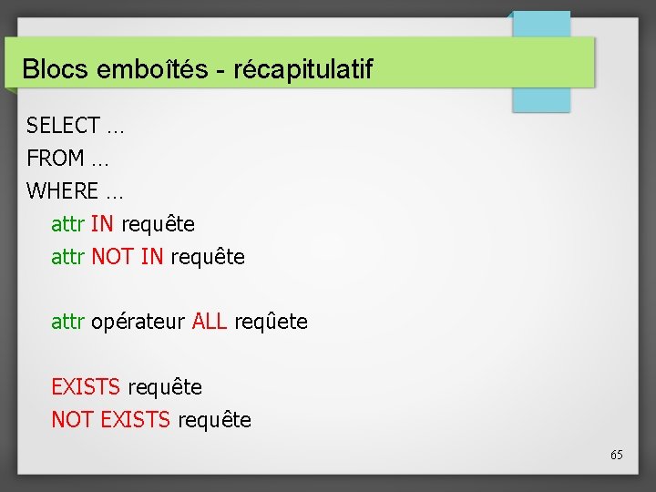 Blocs emboîtés - récapitulatif SELECT … FROM … WHERE … attr IN requête attr