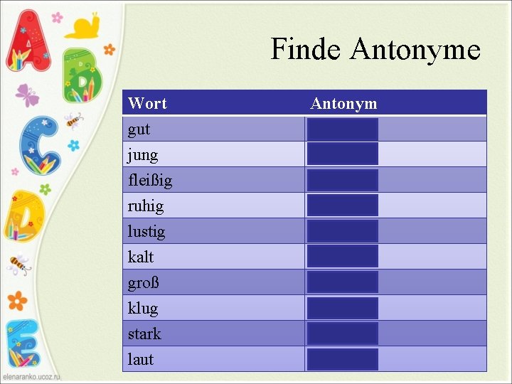 Finde Antonyme Wort gut jung fleißig Antonym schlecht alt faul ruhig lustig kalt groß