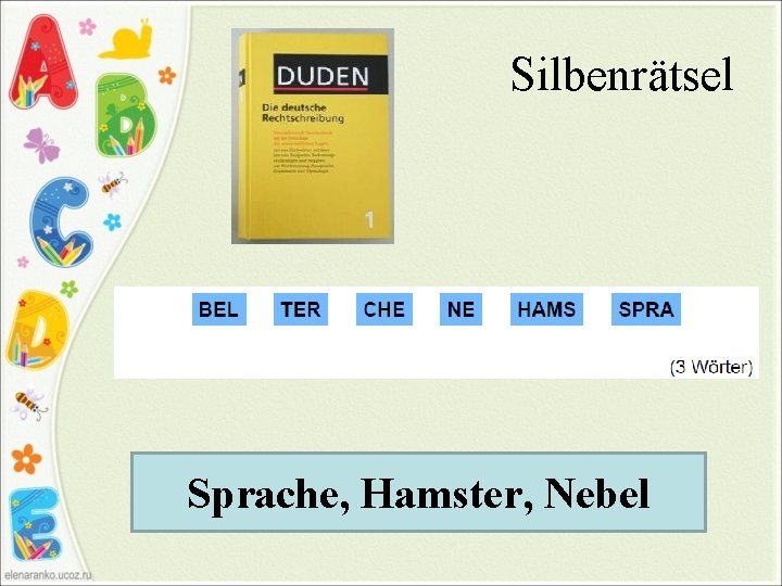 Silbenrätsel Sprache, Hamster, Nebel 