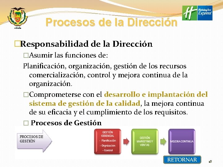 Procesos de la Dirección �Responsabilidad de la Dirección �Asumir las funciones de: Planificación, organización,