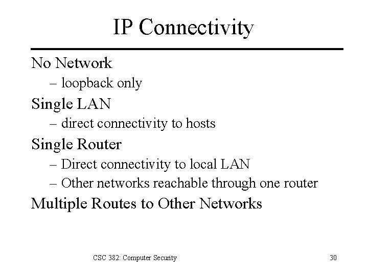 IP Connectivity No Network – loopback only Single LAN – direct connectivity to hosts