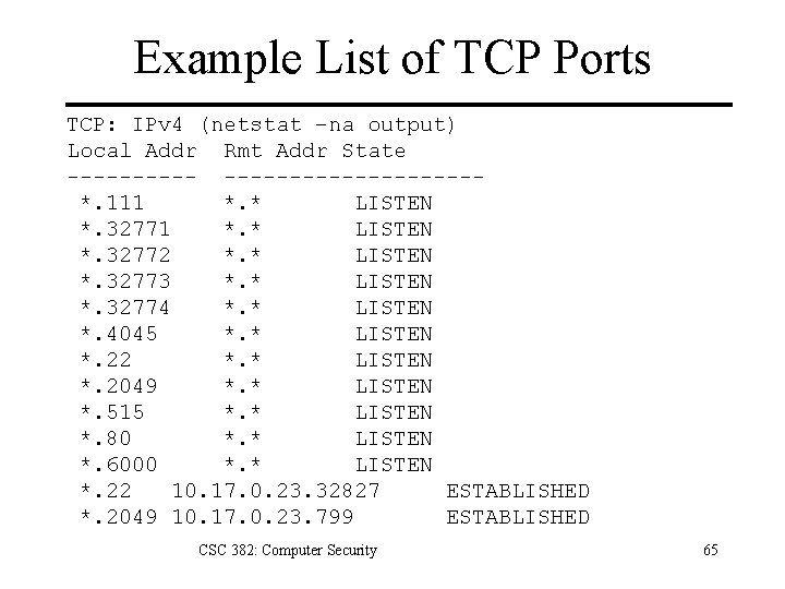 Example List of TCP Ports TCP: IPv 4 (netstat –na output) Local Addr Rmt