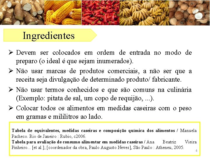 Ingredientes Ø Devem ser colocados em ordem de entrada no modo de preparo (o