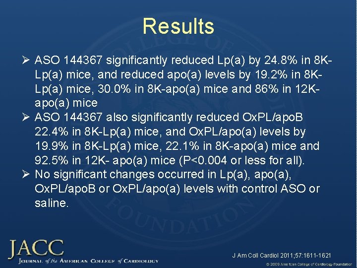 Results Ø ASO 144367 significantly reduced Lp(a) by 24. 8% in 8 KLp(a) mice,