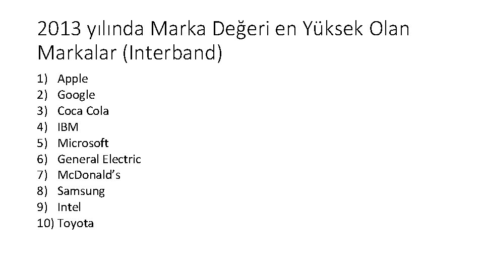 2013 yılında Marka Değeri en Yüksek Olan Markalar (Interband) 1) Apple 2) Google 3)