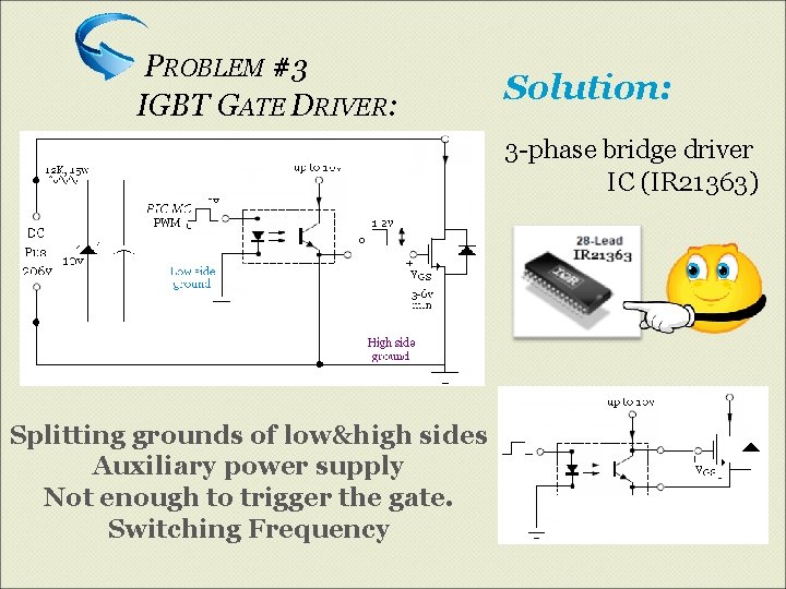 PROBLEM #3 IGBT GATE DRIVER: Solution: 3 -phase bridge driver IC (IR 21363) Splitting