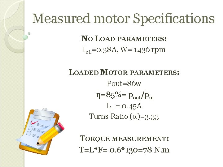 Measured motor Specifications NO LOAD PARAMETERS: In. L=0. 38 A, W= 1436 rpm LOADED