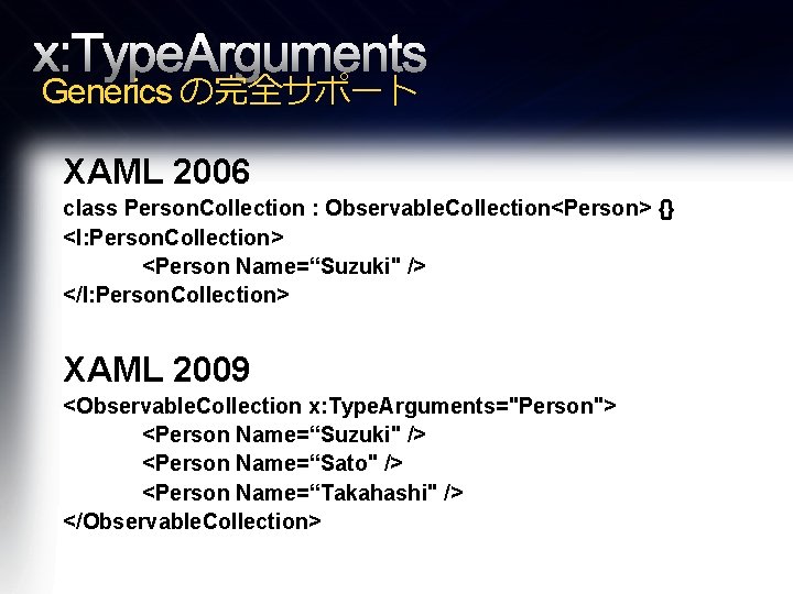 x: Type. Arguments Generics の完全サポート XAML 2006 class Person. Collection : Observable. Collection<Person> {}