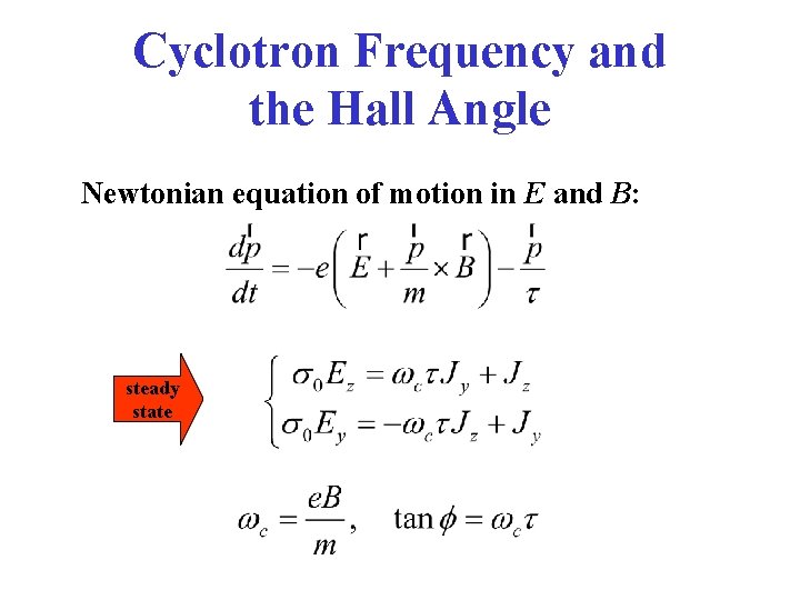 Cyclotron Frequency and the Hall Angle Newtonian equation of motion in E and B: Cyclotron Frequency and the Hall Angle Newtonian equation of motion in E and B:
