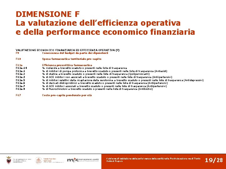 DIMENSIONE F La valutazione dell’efficienza operativa e della performance economico finanziaria VALUTAZIONE ECONOMICO FINANZIARIA