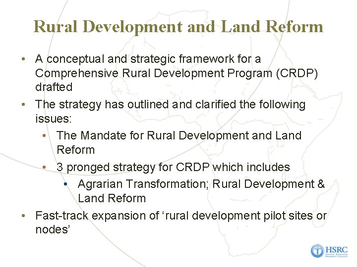 Rural Development and Land Reform • A conceptual and strategic framework for a Comprehensive