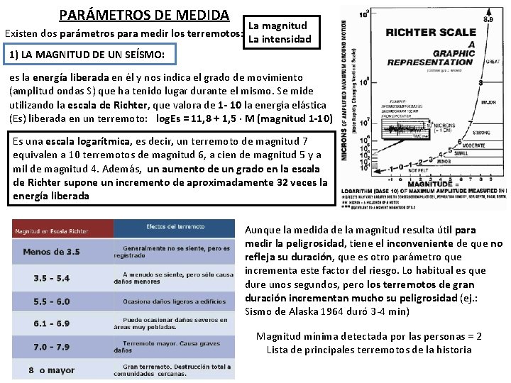 PARÁMETROS DE MEDIDA La magnitud Existen dos parámetros para medir los terremotos: La intensidad