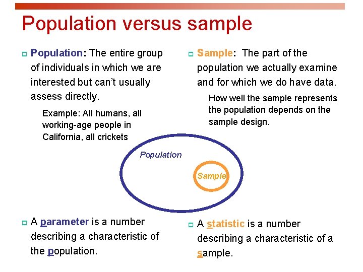 Population versus sample p Population: The entire group of individuals in which we are Population versus sample p Population: The entire group of individuals in which we are