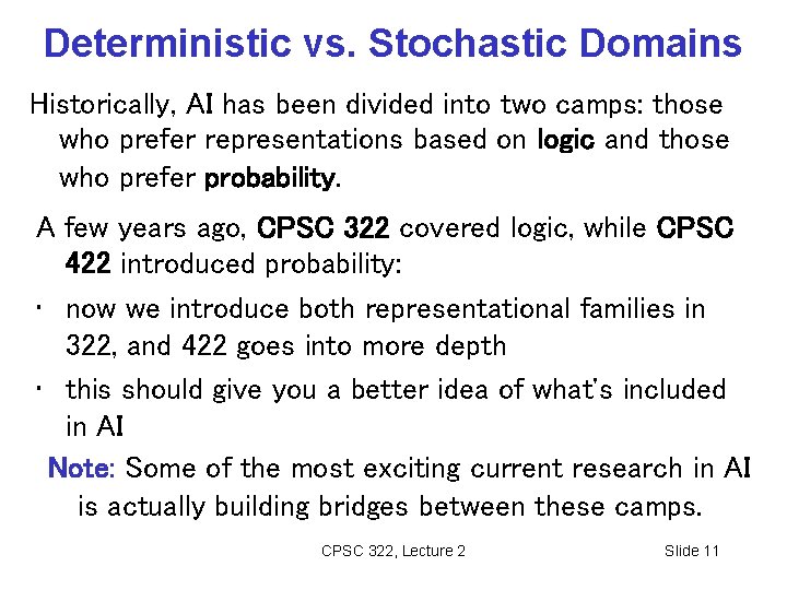 Deterministic vs. Stochastic Domains Historically, AI has been divided into two camps: those who