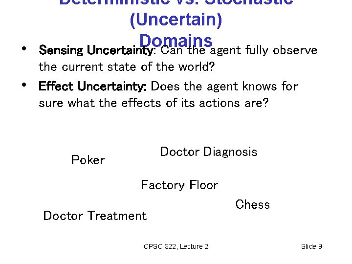 Deterministic vs. Stochastic (Uncertain) Domains • Sensing Uncertainty: Can the agent fully observe •