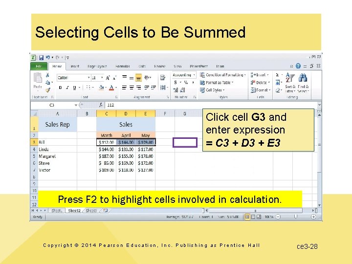 Selecting Cells to Be Summed Click cell G 3 and enter expression = C