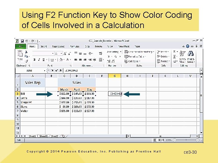 Using F 2 Function Key to Show Color Coding of Cells Involved in a