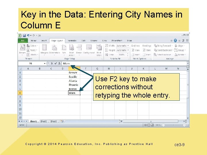 Key in the Data: Entering City Names in Column E Use F 2 key