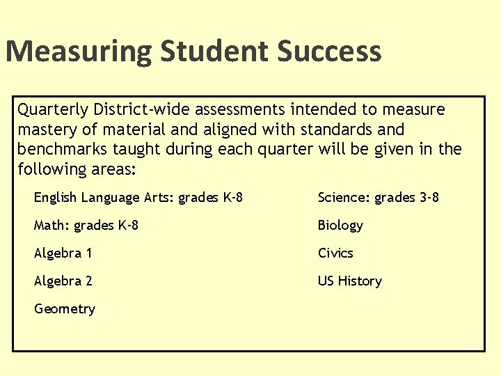 Measuring Student Success Quarterly District-wide assessments intended to measure mastery of material and aligned